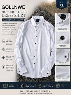 Gollnwe White French Cuff Dress Shirt XL Black Button Formal Business Shirt